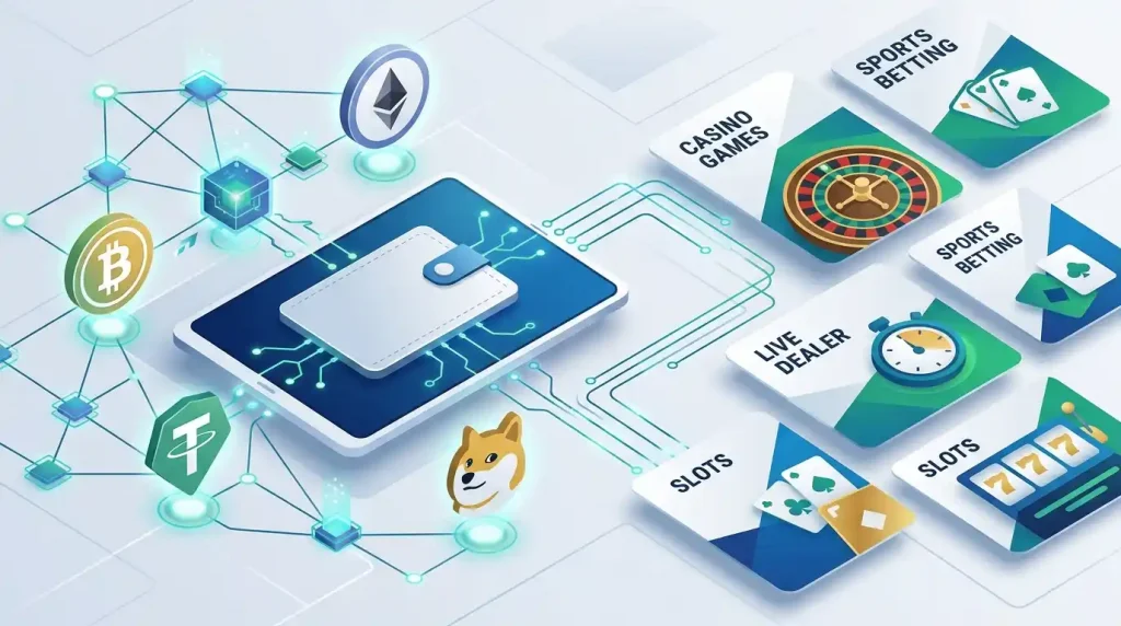 Editorial crypto casino concept with digital wallet and supported coin symbols