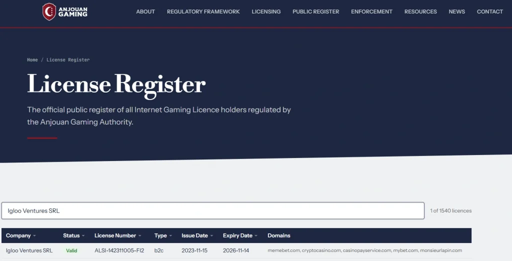 Public licence register evidence for Memebet